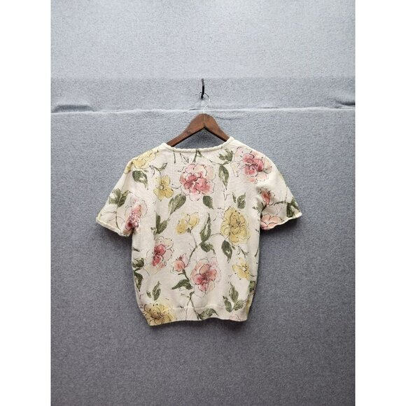 Alfred Dunner Petite Floral Knit Sweater PL Cream Short Sleeve Beaded 55% Ramie - Picture 5 of 6